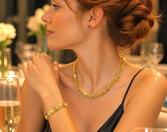 18k Gold Plated Amethyst Jewelry Set: Woven Link Necklace, Bracelet, Stud Earrings, #gift #fashion #sale