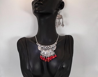 Conjunto de colar e brincos em prata de lei: cornalina, tibetana, feito à mão, #presente