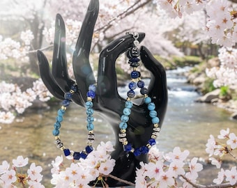 Conjunto de pulseiras em prata de lei: feitas à mão, com turquesa, lápis-lazúli, água-marinha, olho de tigre, apatita, ônix e hematita. #presente