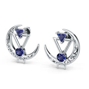 Pendientes triangulares de filigrana con forma de media luna, oro rosa, oro amarillo, plata, piedras preciosas: rubí, diamantes, tanzanita, #regalo, #joyería #moda