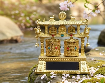 Roda de Oração Solar Dupla em Metal Dourado: Presente Espiritual Budista, Buda, Zen, Meditação, #presente, #Budismo, #DiaDasMães, #Todos