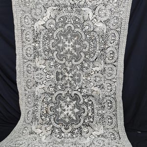 Vintage linen lace tablecloth needlework large table top hand woven point de venise needle lace item A2