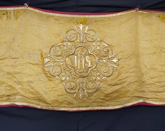 Antique Religious Embroidery – Gold Thread Church Panel, Ecclesiastical Textile metallic embroidered A57