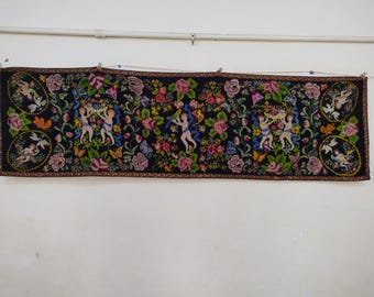 Vintage French Needlepoint Tapestry: Pictorial Embroidered Wall Hanging