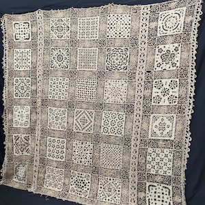 Antique linen lace tablecloth needlework large table top hand woven point de venise needle lace item A3