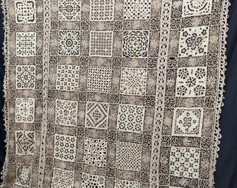 Antique Linen Lace Tablecloth: Handwoven Point de Venise Needlework (82x78 inches