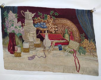 Vintage French Needlepoint Tapestry wool & silk  Embroidered Wall Hanging home decor crosstitch A135