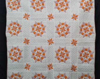 Vintage Hand Quilted patchwork  needlework hand stitched floral Quilt A83