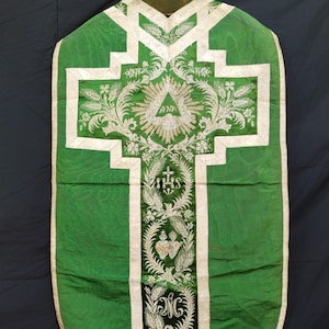 Vintage church vestment chasuble metallic silk brocade woven textile fabric christian itemA6