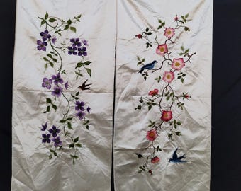 Vintage Chinese Silk Embroidery Textile Panels – Hand Embroidered Floral Wall Art, Antique Asian Decorative Fabric A125