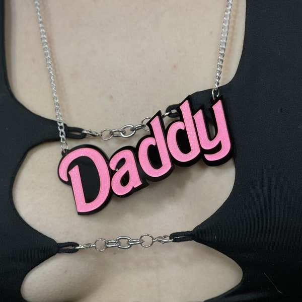 Pink Glitter Resin "Daddy" Ddlg Pendant Charm Necklace Jewellery, Cute Kawaii Senpai Anime Ageplay Petplay Cosplay Jewel gift submissive sub