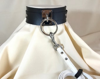 Wide Bdsm Leather collar + White Vegan Leather Visible Stitched Leash. Collar for sub slave submissive sex couple bondage bdsm  Dominant