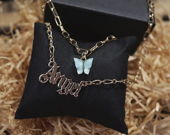 Stainless Steel Dual Necklace "ANGEL" & Gem Butterfly Gold Chrome Plated  Ddlg Jewelry, the Cutest Gift for a Sub Submissive Slave Dominant