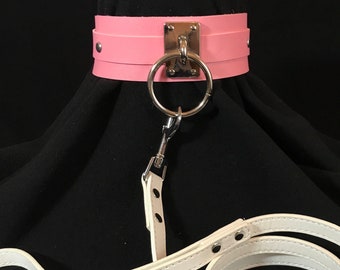 Wide Bdsm Leather collar + White Vegan Leather Visible Stitched Leash. Collar for sub slave submissive sex couple bondage bdsm  Dominant