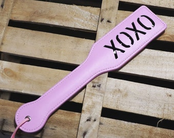 Bright Pink Vegan Leather Ddlg Spanking Paddle, Sex Accessory Engraving Design XOXO or BITCH, Bdsm Slave Dominant Whip Submissive Dominant