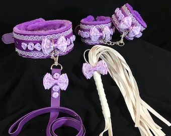 PURPLE "Naughty Kitten" Series of Ddlg Collar/Leash+Handcuffs+Flogger Sets!Vegan Leather,Submissive Master Dominant sex slave pet sub kitten