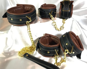 Brown/Black "Kinky Luxury" Series of Deluxe Bdsm Sets! Vegan Leather, Sub sex Bdsm  (Collar&Leash+AnkleCuffs+HandCuffs+Flogger+Chocker)