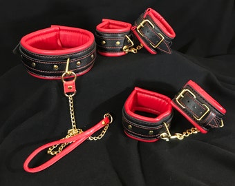 Red/Black "Kinky Luxury" Series of Deluxe Bdsm Sets! Vegan Leather, Sub sex Bdsm Slave ddlg petplay (Collar&Leash+AnkleCuffs+HandCuffs)
