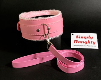 bdsm ddlg Collar & Leash fur interior lining Submissive Slave vegan leather. kittenplay petplay sex roleplay adult accessory PINK RED BLACK