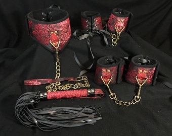 Baroque "Kinky Luxury" Series Set Vintage Bdsm Slave Submissive Collar & Leash, Gothic Sub Cosplay Adult Sex, Hand Ankle Cuffs Flogger Whip