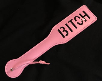 Bright Pink Vegan Leather Ddlg Spanking Paddle, Sex Accessory Engraving Design XOXO or BITCH, Bdsm slave dominant whip Submissive Dominant