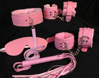 Pink FULL ddlg BDSM Set, Collar leash, Handcuffs, Anklecuffs, Ballgag, Rope, Flogger, Blindfold, ageplay petplay sex ddlg roleplay