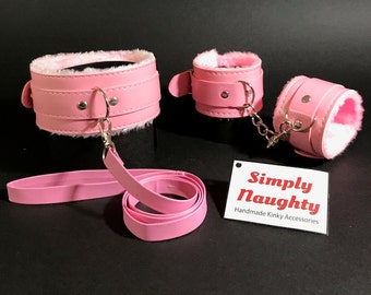 Cute Pink ddlg Submissive Collar and Leash + Handcuffs. With very soft Fur inner lining, sub collar set sex accessory set Bdsm set