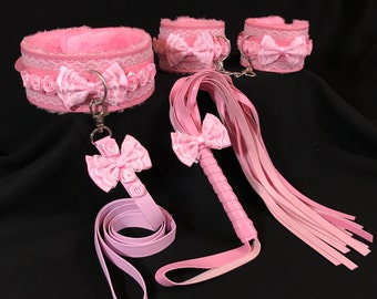 PINK "Naughty Kitten" Series of Ddlg Collar/Leash+Handcuffs+Flogger Sets !Vegan Leather,Submissive Dominant ageplay sub kittenplay, kawaii