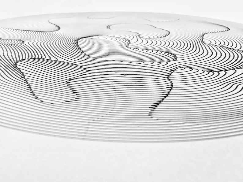 Op de afbeelding: Een abstracte tekening in zwart-wit van concentrische cirkels en golvende lijnen die een 3D-effect cre&euml;ren.