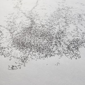 May include: A close-up of a white surface covered in a dense pattern of small, dark gray lines. The lines are randomly distributed and create a textured effect.