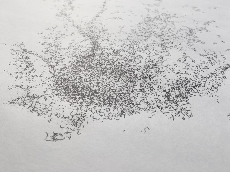 May include: A close-up of a white surface covered in a dense pattern of small, dark gray lines. The lines are randomly distributed and create a textured effect.