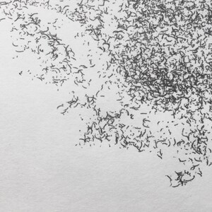May include: A close-up of a white surface with a black, abstract design. The design is made up of many small, squiggly lines that are clustered together in a random pattern.