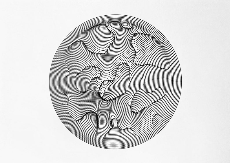 Op de afbeelding: Een abstracte zwart-wit illustratie van een bol met concentrische cirkels die een 3D-effect cre&euml;ren.