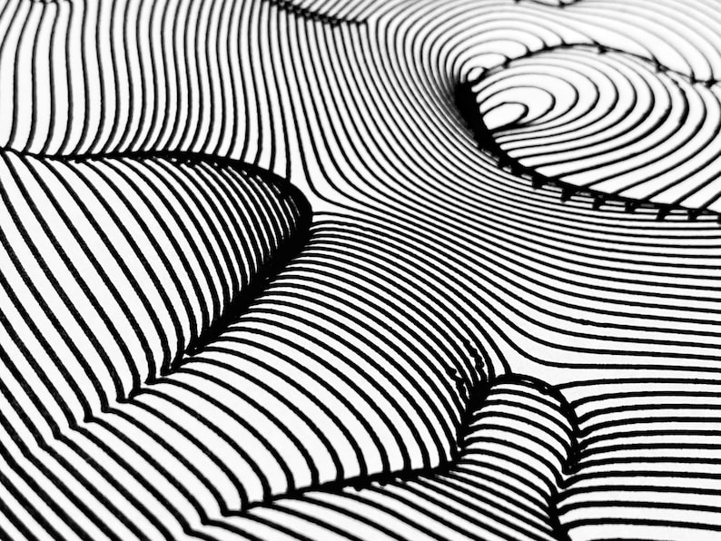 Op de afbeelding: Abstracte zwart-witte lijntekening met een 3D-effect. De lijnen zijn gebogen en cre&euml;ren een gevoel van diepte en beweging.