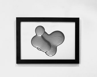 May include: A black framed print of a 3D abstract design in shades of gray. The design is made up of overlapping lines that create a sense of depth and movement.