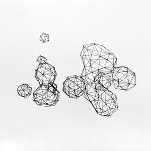 以下が含まれることがあります： 幾何学的な形を黒と白の線で描いたものです。形は抽象的で、泡や球体に似ています。形は線でつながっており、相互に接続された形のネットワークを形成しています。