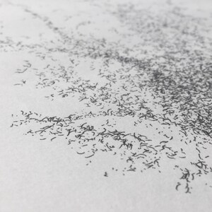 May include: A close-up of a white surface with a scattered pattern of small, dark gray lines.