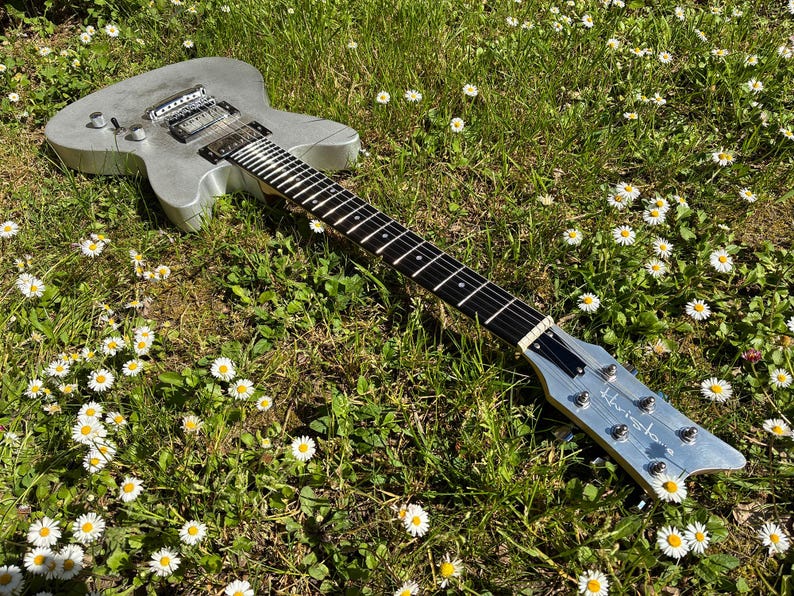 May include: A silver electric guitar with a black fretboard and strings rests in a field of green grass and white daisies. The guitar's headstock has the word "Hustler" printed on it.