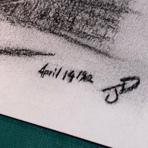 May include: A black and white pencil drawing with the date "April 14, 1982" and the initials "J.D." in the bottom right corner.