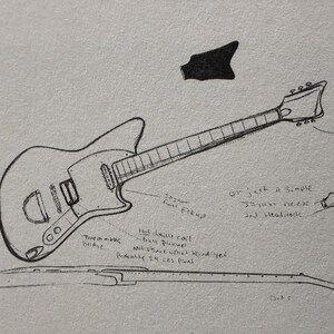 May include: A black and white sketch of an electric guitar, featuring a unique body shape and detailed components. The drawing includes labels for various parts like pickups, bridge, and neck, along with a separate headstock design.