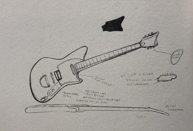 May include: A black and white sketch of an electric guitar, featuring a unique body shape and detailed components. The drawing includes labels for various parts like pickups, bridge, and neck, along with a separate headstock design.