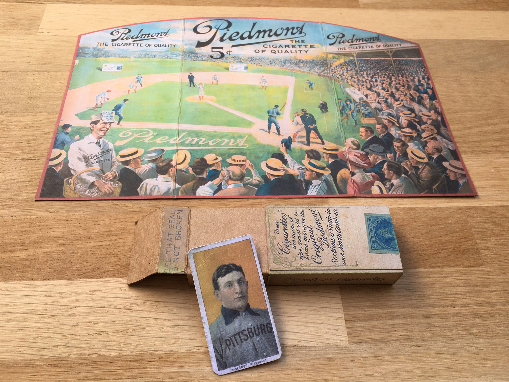 1910 Piedmont Cigarette Pack + T206 Wagner Card + Tri-fold Advertising Sign  REPLICAS by Khristore