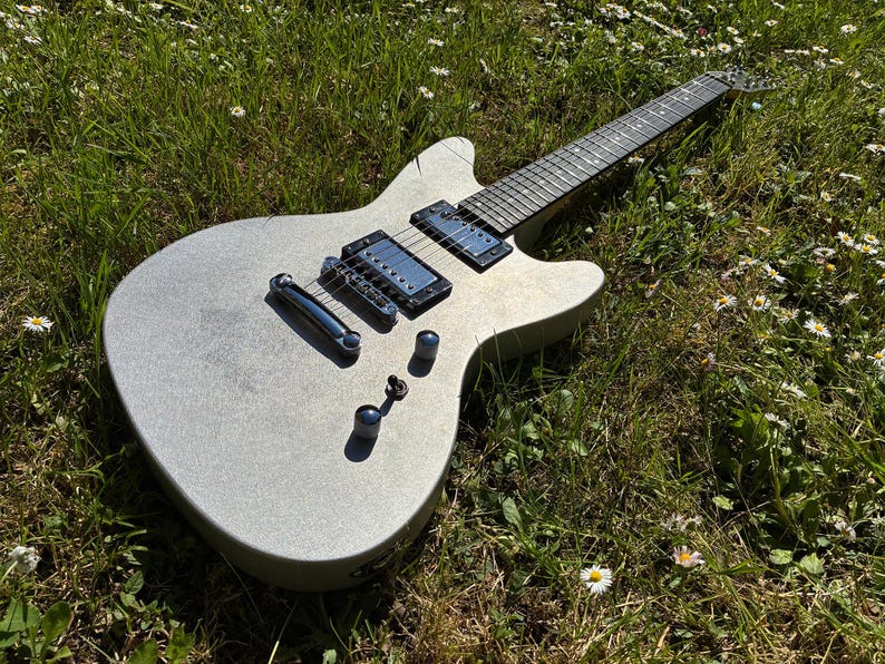 May include: A silver electric guitar with black pickups and a black fretboard rests on a bed of green grass and white flowers. The guitar has a metallic finish and chrome hardware.
