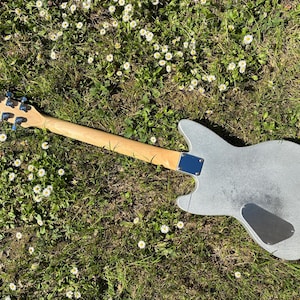 May include: A silver electric guitar with a wooden neck and headstock, resting on a bed of green grass and small white flowers. The guitar's body has a unique shape, and the headstock features six tuning pegs.