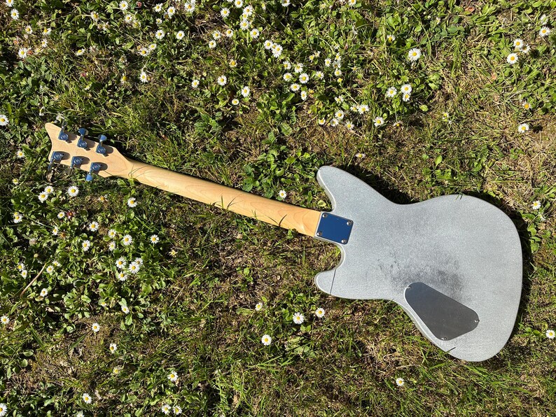 May include: A silver electric guitar with a wooden neck and headstock, resting on a bed of green grass and small white flowers. The guitar's body has a unique shape, and the headstock features six tuning pegs.