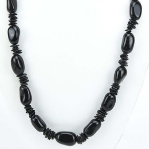 Estate Vintage Necklace w Tumbled Black Onyx Beads- oblong tumbled black onyx beads separated by smaller black onyx spacers 24.5 in 109 gms