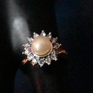 Stunning 18k Gold Filled Sterling Silver & Faux Pearl Cocktail Ring Size 5