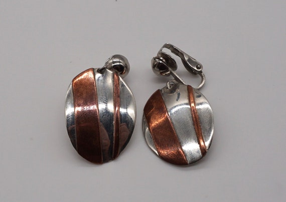 Signed Sterling Silver & Copper Mixed Metal Earri… - image 2