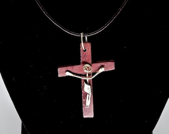 Vintage Taxco Rosewood Cross pendant with silver inlay circa 1960's Taxco Mexico on adjustable leather strap unique cross