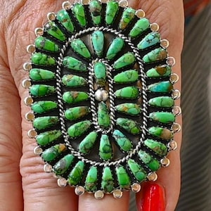 New Huge 2 1/2 X 1 7/8 inch Authentic Navajo Size 7.25 Ring by Davin Benally Sterling and 47 Lime Green Sonoran Turquoise cabochons 23.7gram